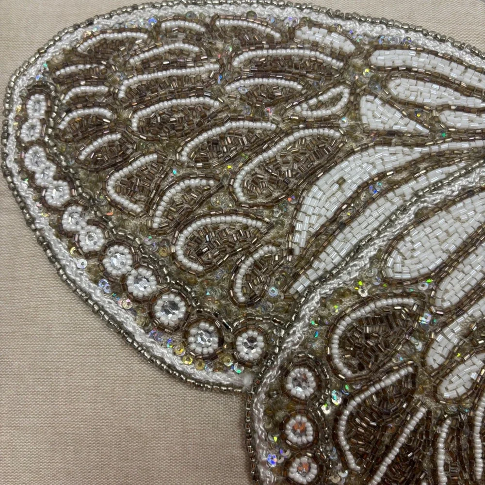 Vtg Cynthia Rowley Beaded Butterfly Lumbar Pillow Silver Gold Sequin Linen 12x20